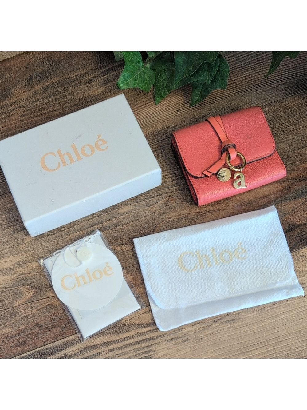 Chloe Italian Small Alphabet Tri Fold Grained Leather Wallet with Gold "A" Charm
